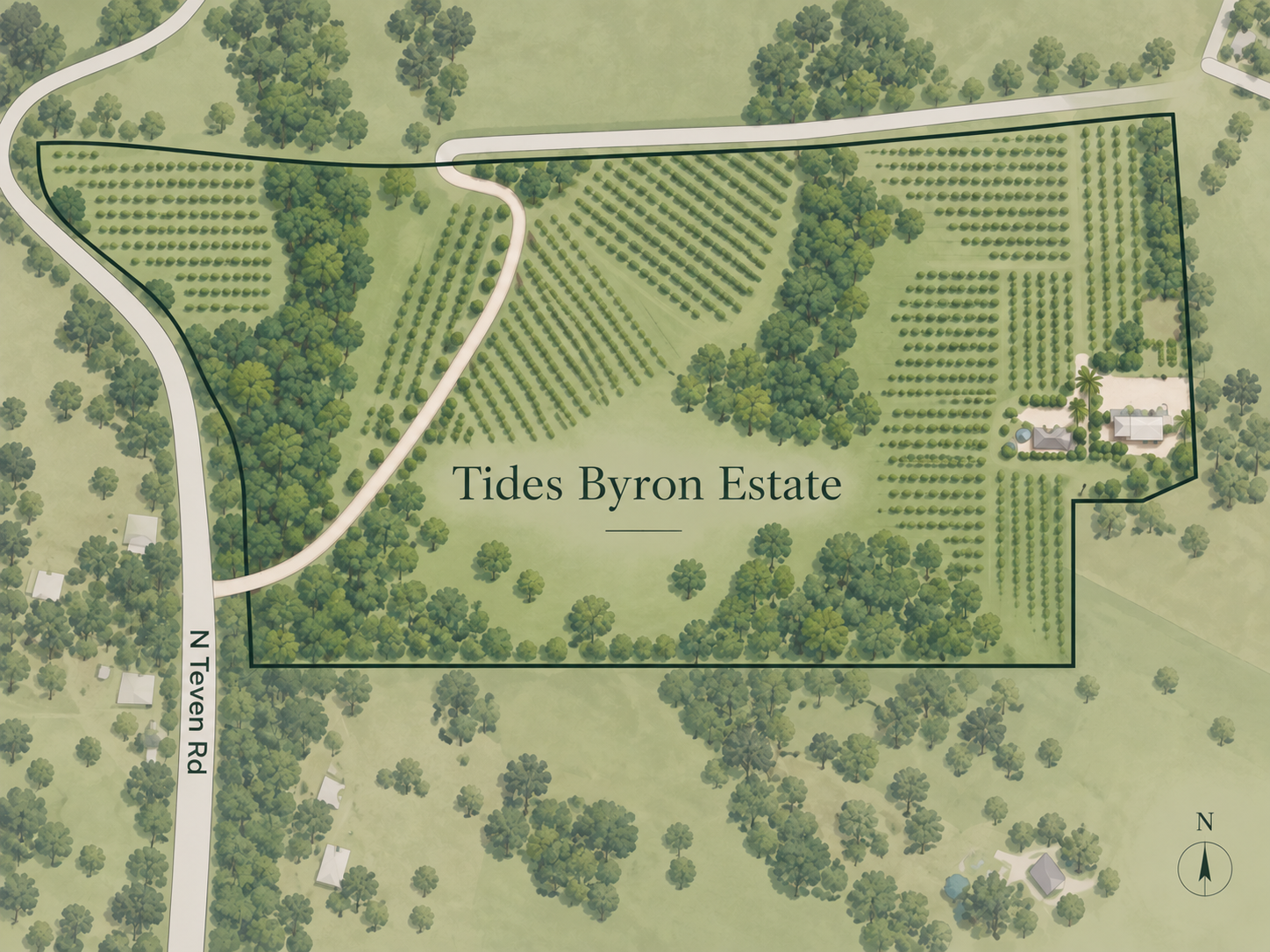 Illustrative overview of Tides Byron Estate showing orchard rows, open grounds, buildings and access from N Teven Road; not to scale