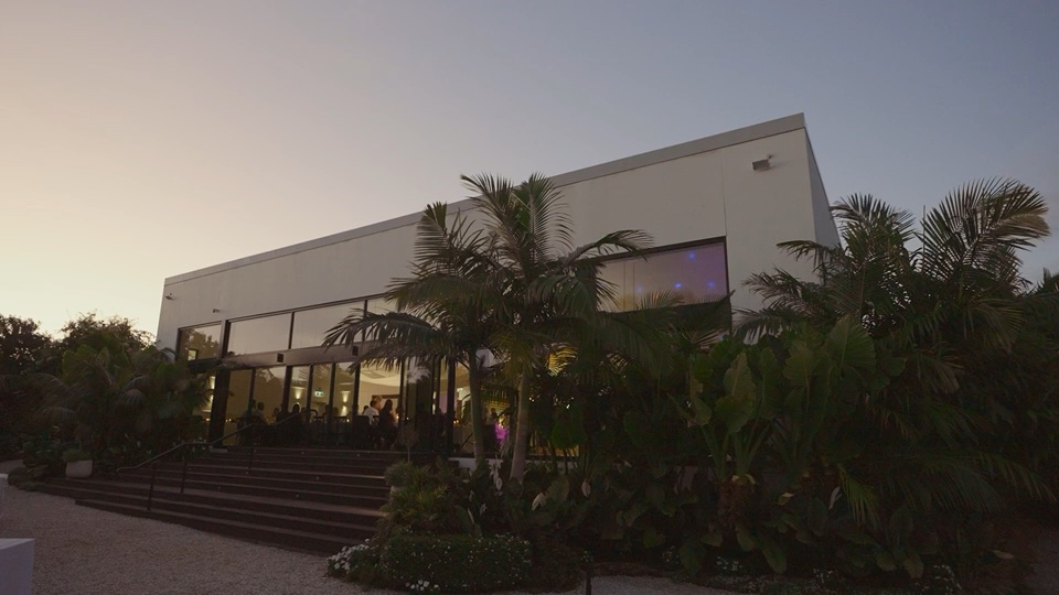 The estate's event hall at dusk